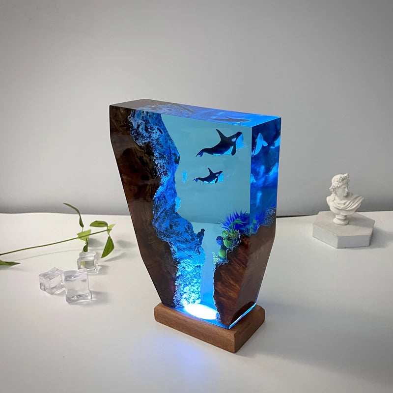 Two Orcas and a Diver Resin Table Lamp