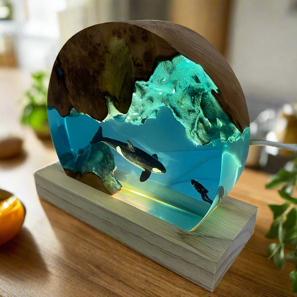 Circle Orca and Diver Underwater Resin Table Light
