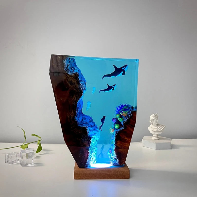 Two Orcas and a Diver Resin Table Lamp