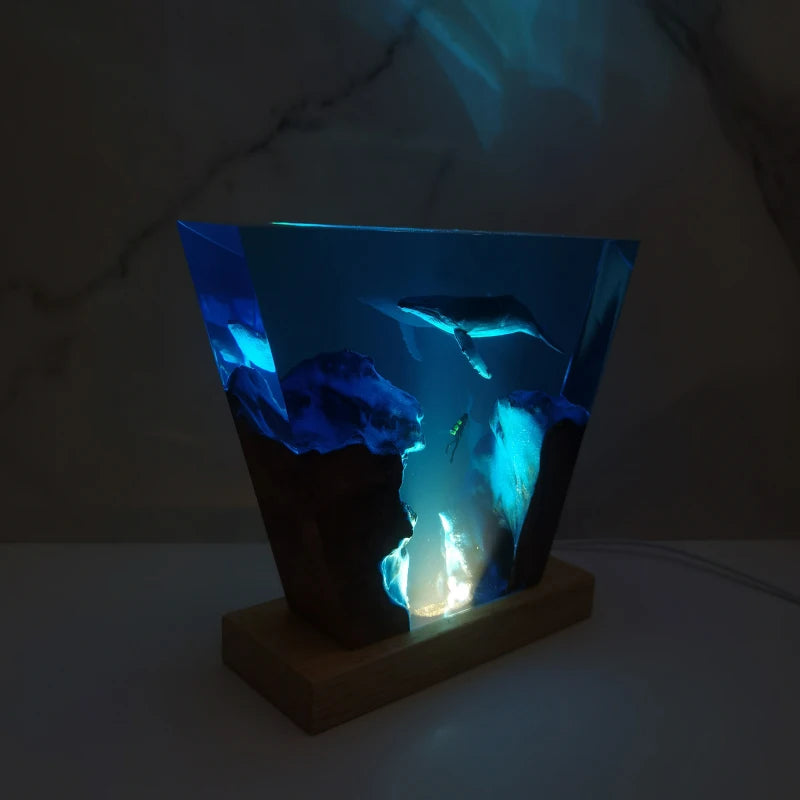 Deep Sea Trench and Whale Diver Underwater Resin Table Light