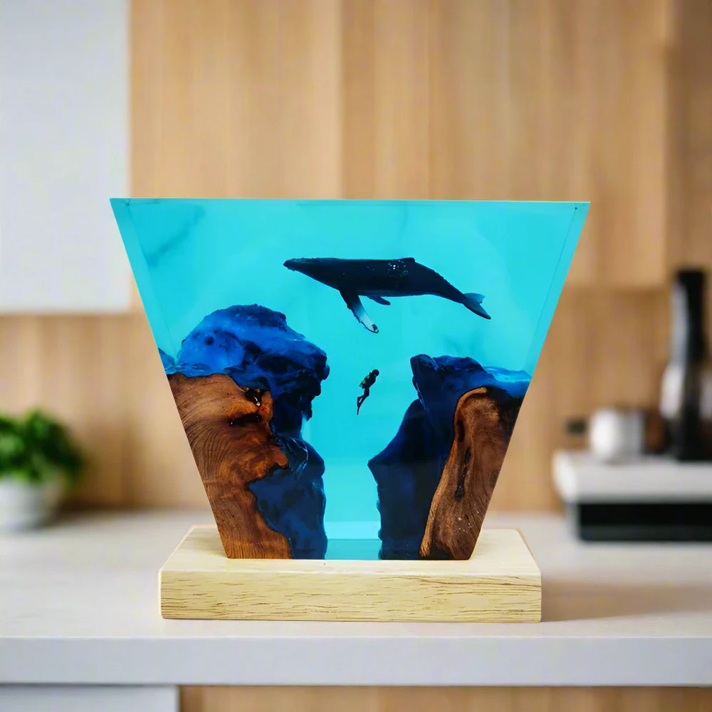 Deep Sea Trench and Whale Diver Underwater Resin Table Light