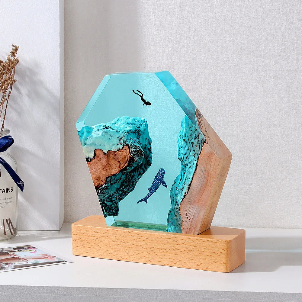 Deep Sea Beluga and Diver Underwater Resin Table Light