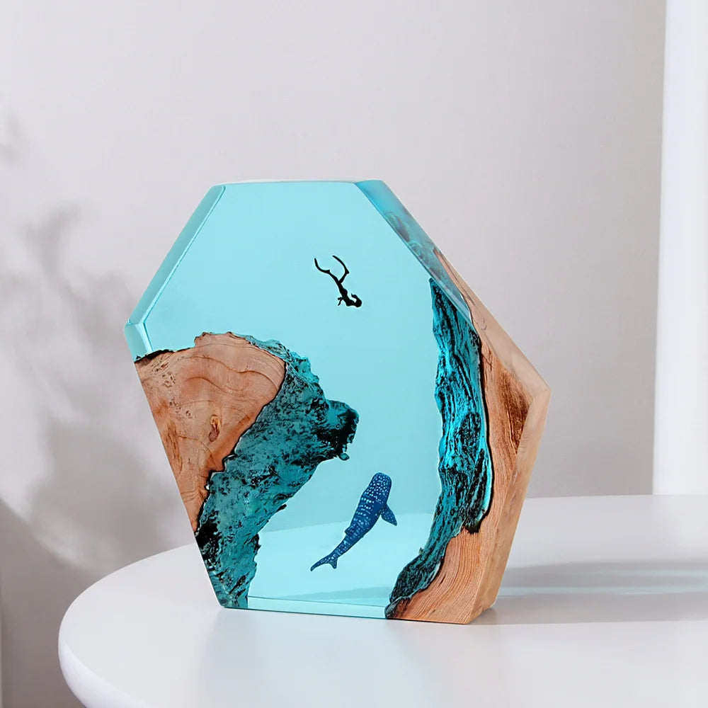 Deep Sea Beluga and Diver Underwater Resin Table Light