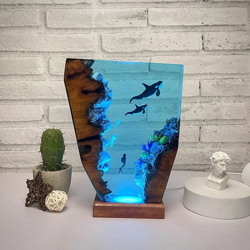 Two Orcas and a Diver Resin Table Lamp