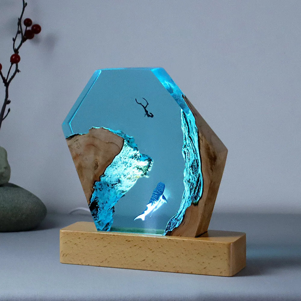 Deep Sea Beluga and Diver Underwater Resin Table Light