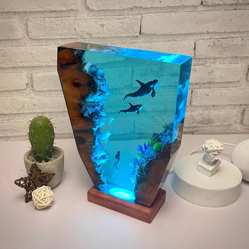 Two Orcas and a Diver Resin Table Lamp