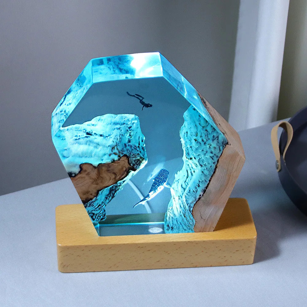 Deep Sea Beluga and Diver Underwater Resin Table Light