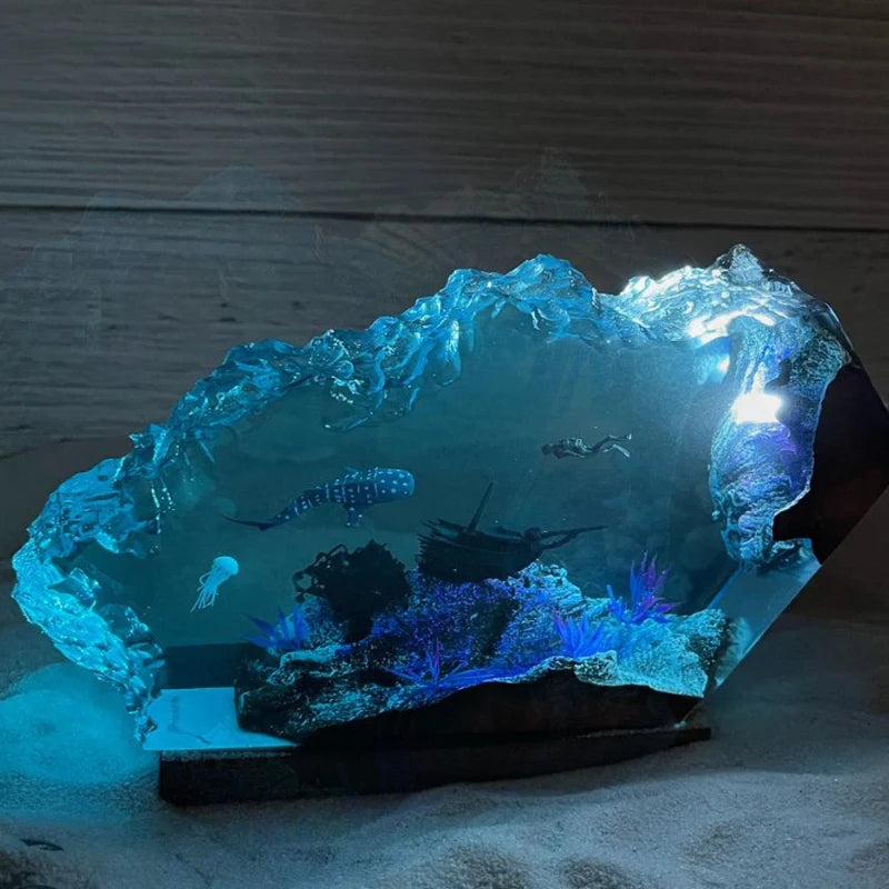 Shark and Diver Shipreck Resin Table Lamp