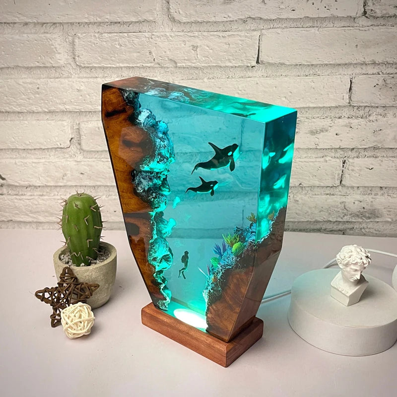 Two Orcas and a Diver Resin Table Lamp