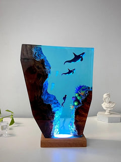 Two Orcas and a Diver Resin Table Lamp