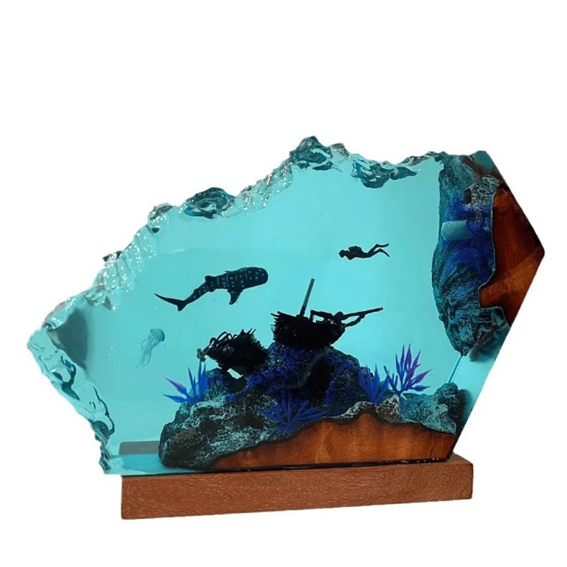 Shark and Diver Shipreck Resin Table Lamp