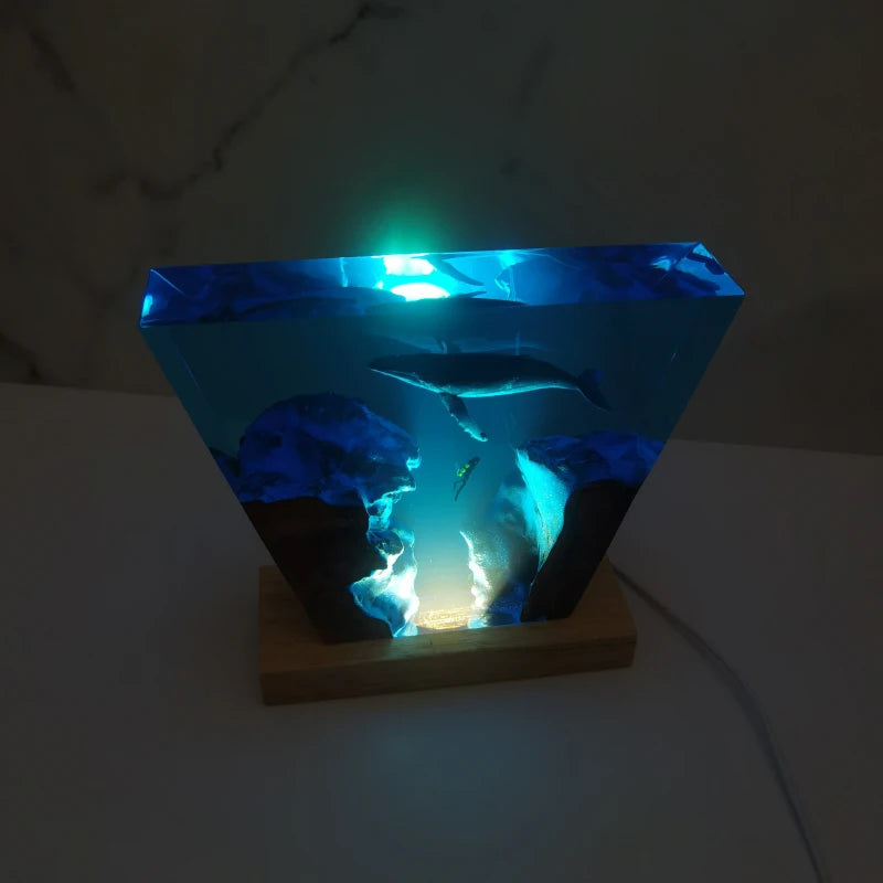 Deep Sea Trench and Whale Diver Underwater Resin Table Light